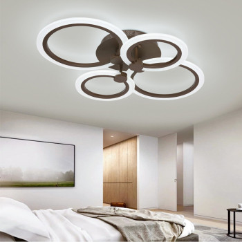 Lustra LED living design 4 cercuri cu telecomanda Wi-Fi putere de 72 W flux luminos de 3000 lm alb cald rece neutru aplicație Bluetooth corp maro