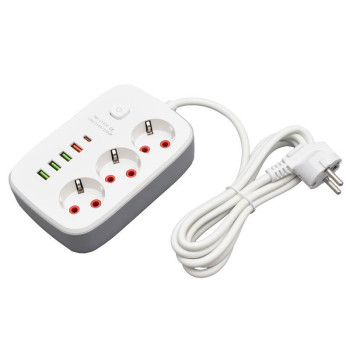 Prelungitor multifunctional 3 prize 2m USB PD cu intrerupator