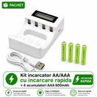 Kit incarcator rapid acumulatori AAA, digital, 4 AAA 600mAh