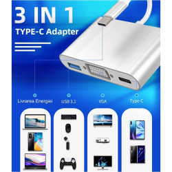 Adaptor USB-C la VGA cu USB 3.0 si PD 100W