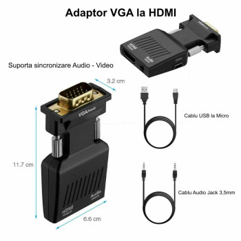 Adaptor VGA HDMI cu audio 1080P pentru PC si laptop