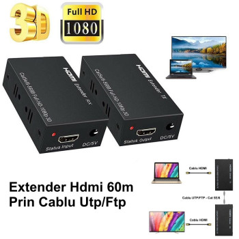 Extender HDMI 60m prin UTP FTP Cat5e Cat6 Full HD