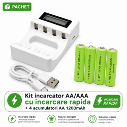 Kit incarcator rapid acumulatori AA, digital, si 4 AA 1200mAh