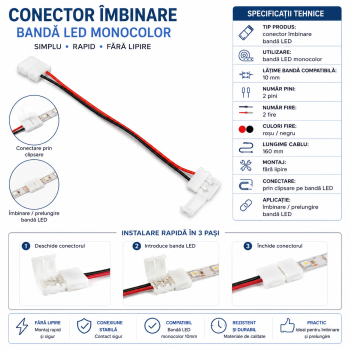 Conector banda led 10mm 2 pini fara lipire