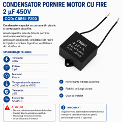 Condensator ventilator 2uF 450V cu fire carcasa plastic