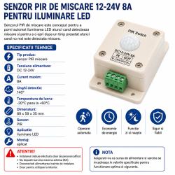 Senzor miscare 12v 24V 8A PIR pentru iluminare LED