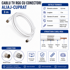 Cablu tv mufat RG6 aliaj cuprat 3m mufa F tata