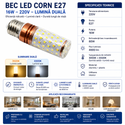 Bec LED E27 2 in 1 alb cald + alb rece, schimbare din intrerupator