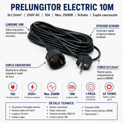 Prelungitor 10m, 3x1.5mm2, negru, Schuko, 10A, 2500W