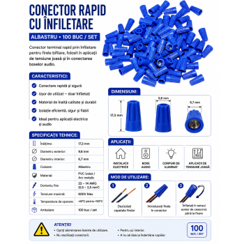 Conector rapid cu Infiletare albastru 100 buc fire boxe