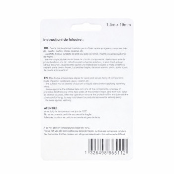 Banda dublu adeziva buretata 19mm x 1.5m, super adeziva, 2.1mm