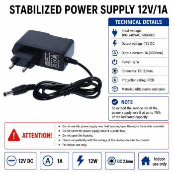 Alimentator stabilizat 12v 1a 12W DC 2.1mm IP20