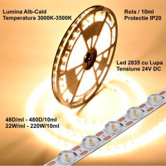 Banda leduri 24v 2835 cu lupa, 480 LED, 220W, IP20, alb cald 3500K, rola 10m