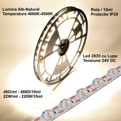 Banda leduri 24v 2835 cu lupa, 480 LED, 220W, IP20, alb neutru 4500K, rola 10m