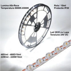 Banda leduri 24v 2835 cu lupa, 480 LED, 220W, IP20, alb rece 6500K, rola 10m