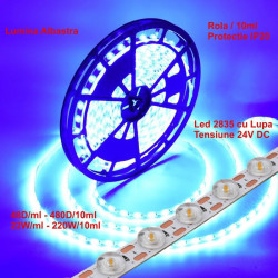 Banda leduri 24v 2835 cu lupa, 480 LED, 220W, IP20, lumina albastra, rola 10m