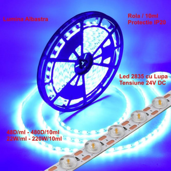 Banda leduri 24v 2835 cu lupa, 480 LED, 220W, IP20, lumina albastra, rola 10m