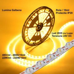 Banda leduri 24v 2835 cu lupa, 480 LED, 220W, IP20, lumina galbena, rola 10m