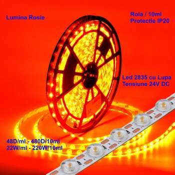Banda leduri 24v 2835 cu lupa, 480 LED, 220W, IP20, lumina rosie, rola 10m