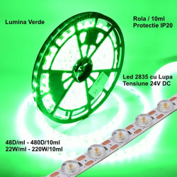Banda leduri 24v 2835 cu lupa, 480 LED, 220W, IP20, lumina verde, rola 10m