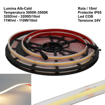 Banda led cob 24v 320 LED/m, IP65 exterior, 10W/m, alb cald 3500K, CRI>90, rola 10m