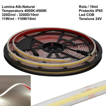 Banda led cob 24v 320 LED/m, IP65 exterior, 10W/m, alb neutru 4500K, CRI>90, rola 10m