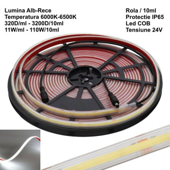 Banda led cob 24v 320 LED/m, IP65 exterior, 10W/m, alb rece 6500K, rola 10m
