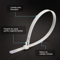 Coliere de Plastic Reutilizabile 5x150mm Alb - 100Buc/Set