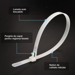 Coliere de Plastic Reutilizabile 5x200mm Alb - 100Buc/Set