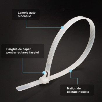Coliere de Plastic Reutilizabile 5x150mm Alb - 100Buc/Set
