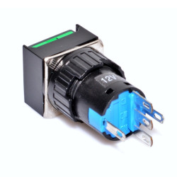 Buton Patrat Verde cu Actionare Prin Apasare, 12V, Dimensiune 16mm