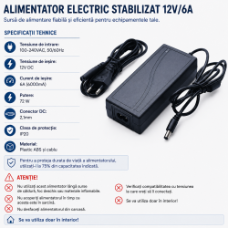 Alimentator 12v 6a stabilizat 72W DC 2.1mm IP20