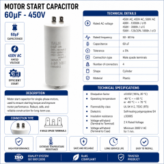 Condensator pornire motor 60uF 450V 4 papuci tata