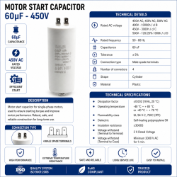 Condensator pornire motor 60uF 450V 4 papuci tata