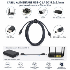 Cablu alimentare USB-C la DC 5.5x2.1mm 2m router LED CCTV