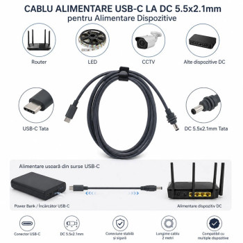 Cablu alimentare USB-C la DC 5.5x2.1mm 2m router LED CCTV