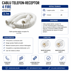 Cablu telefon fix receptor 4 fire spiralat alb 2.1m