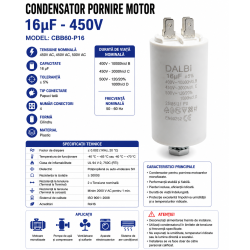 Condensator pornire motor 16uF 450V CBB60 cu papuci