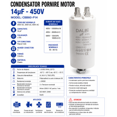 Condensator pornire motor 14uF 450V CBB60 cu papuci