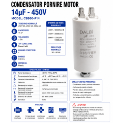 Condensator pornire motor 14uF 450V CBB60 cu papuci