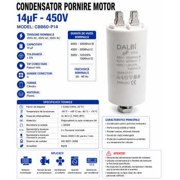 Condensator pornire motor 14uF 450V CBB60 cu papuci