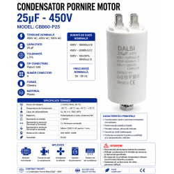 Condensator pornire motor 25uF 450V CBB60 cu papuci