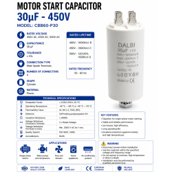 Condensator pornire motor 30uF 450V CBB60 cu papuci