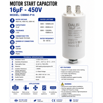 Condensator pornire motor 16uF 450V CBB60 cu papuci
