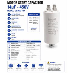 Condensator pornire motor 14uF 450V CBB60 cu papuci