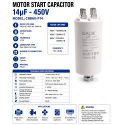 Condensator pornire motor 14uF 450V CBB60 cu papuci