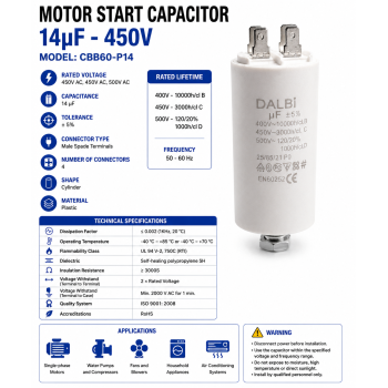 Condensator pornire motor 14uF 450V CBB60 cu papuci