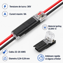 Conector electric cu imbinare rapida 2 pini 22-20 AWG tensiune 5v - 36V fire 20-22 AWG IP40 set 4 buc