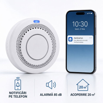 Detector de fum WiFi fotoelectric YG400A, 85dB, 20m2, Smart Life