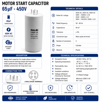 Condensator pornire motor 65uF 450V CBB60-P65